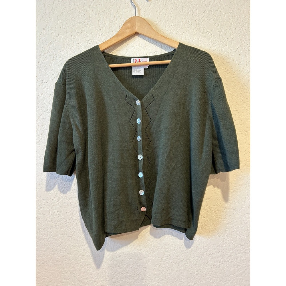 VTG Ramie Blend Cardigan Sweater Sz 16 Mother Pearl Buttons Forest Fairy Green